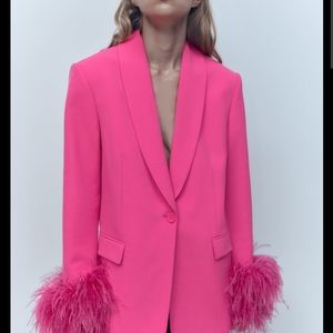 NWT pink barbie feather blazer
